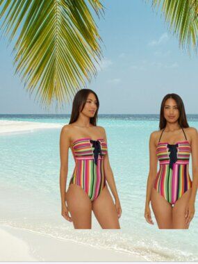 TRINA TURK SPLASH STRIPE Lace-Up Bandeau One-Piece Swimsuit NWT Sz 10